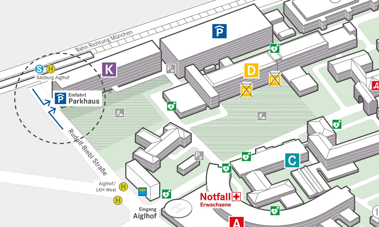 Die Grafik zeigt die Einfahrt in das Parkhaus am Uniklinikum Camus LKH